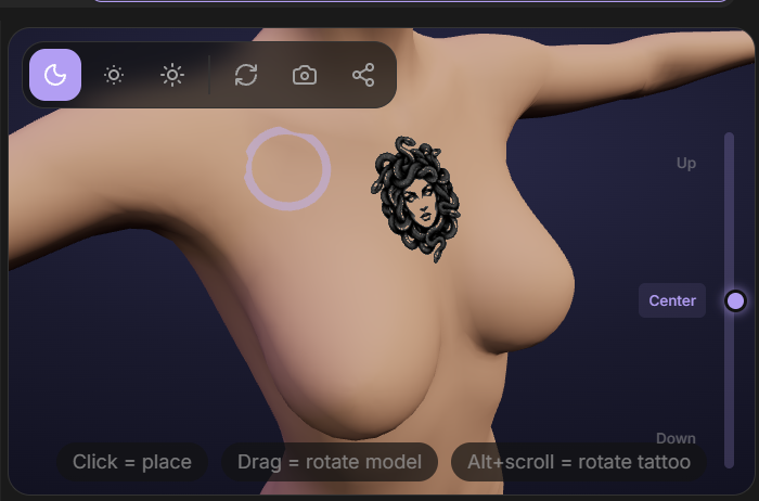 Female 3D body model with a tattoo design on the upper torso