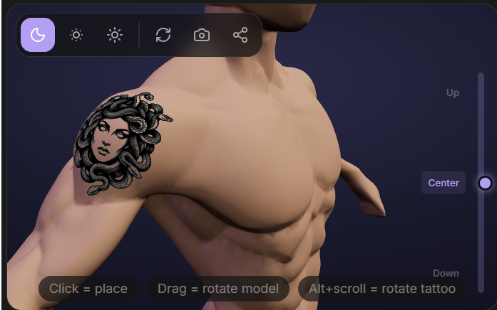 Male 3D body model with a tattoo design on the shoulder