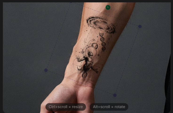 New tattoo positioned on a forearm template in the Deep Stencil placement editor.