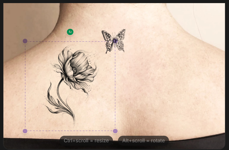 New floral tattoo positioned on an uploaded back photo beside an existing butterfly tattoo.